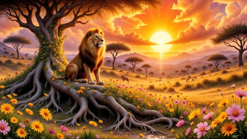 Lion King on Floral Throne in Magical Savannah