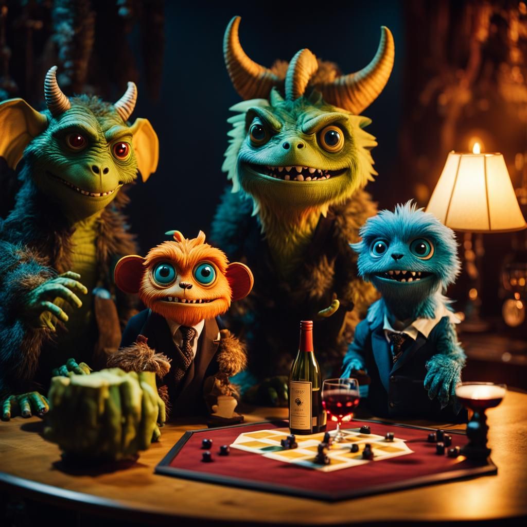 Vintage Monsters Play Catan: Cinematic Film Still