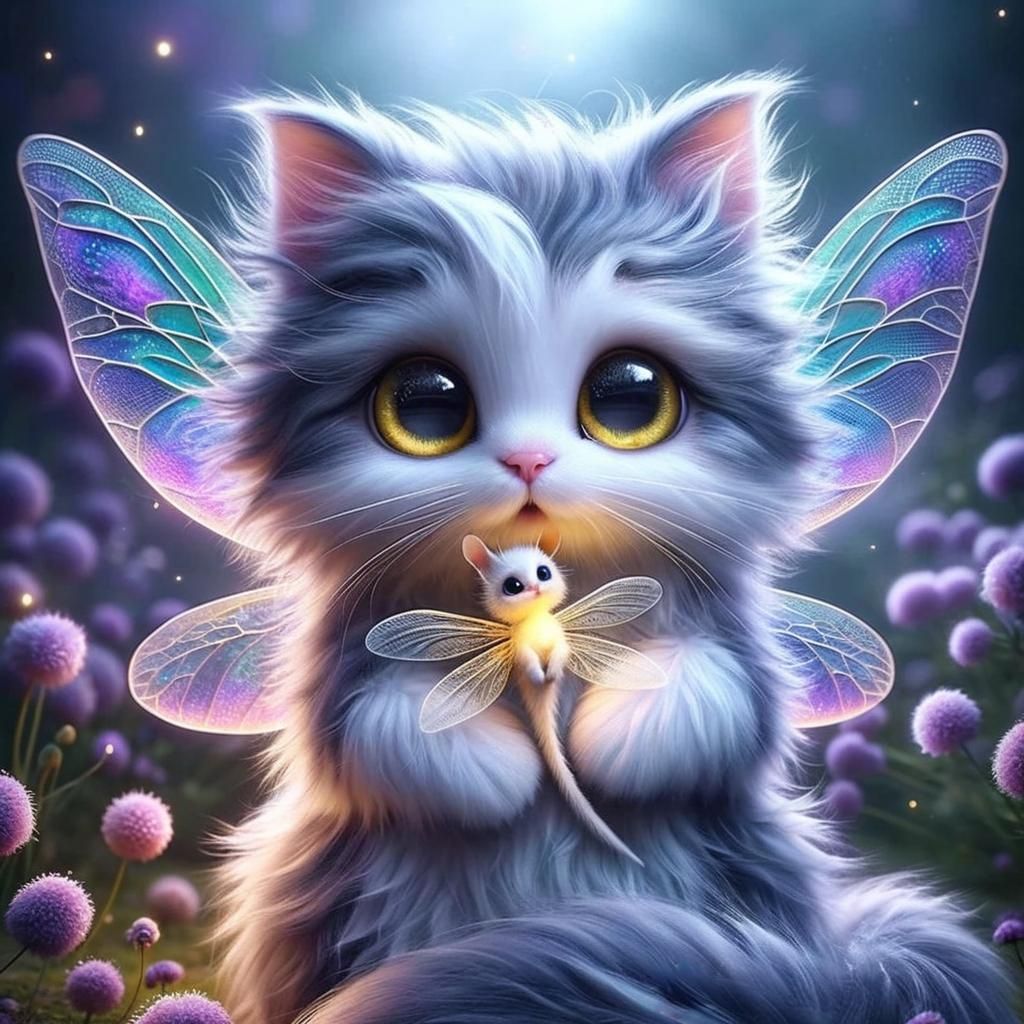 Kitten Fairy Holding Tiny Fairy in Magical Garden
