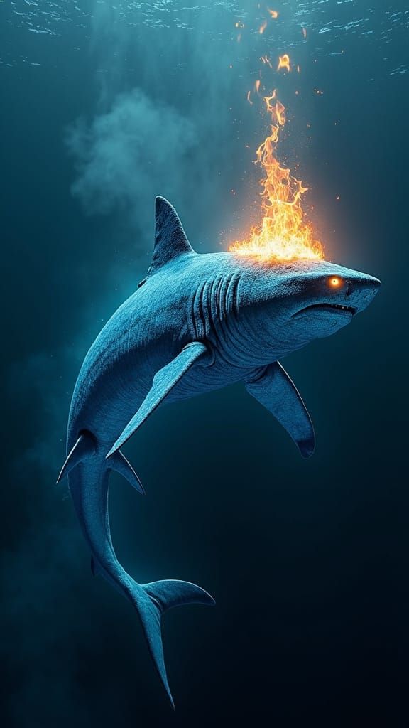 Bioluminescent Shark with Flames in Dark Surrealism Style