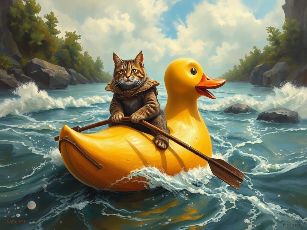An anthropomorphic explorer cat riding a giant rubber duck d...