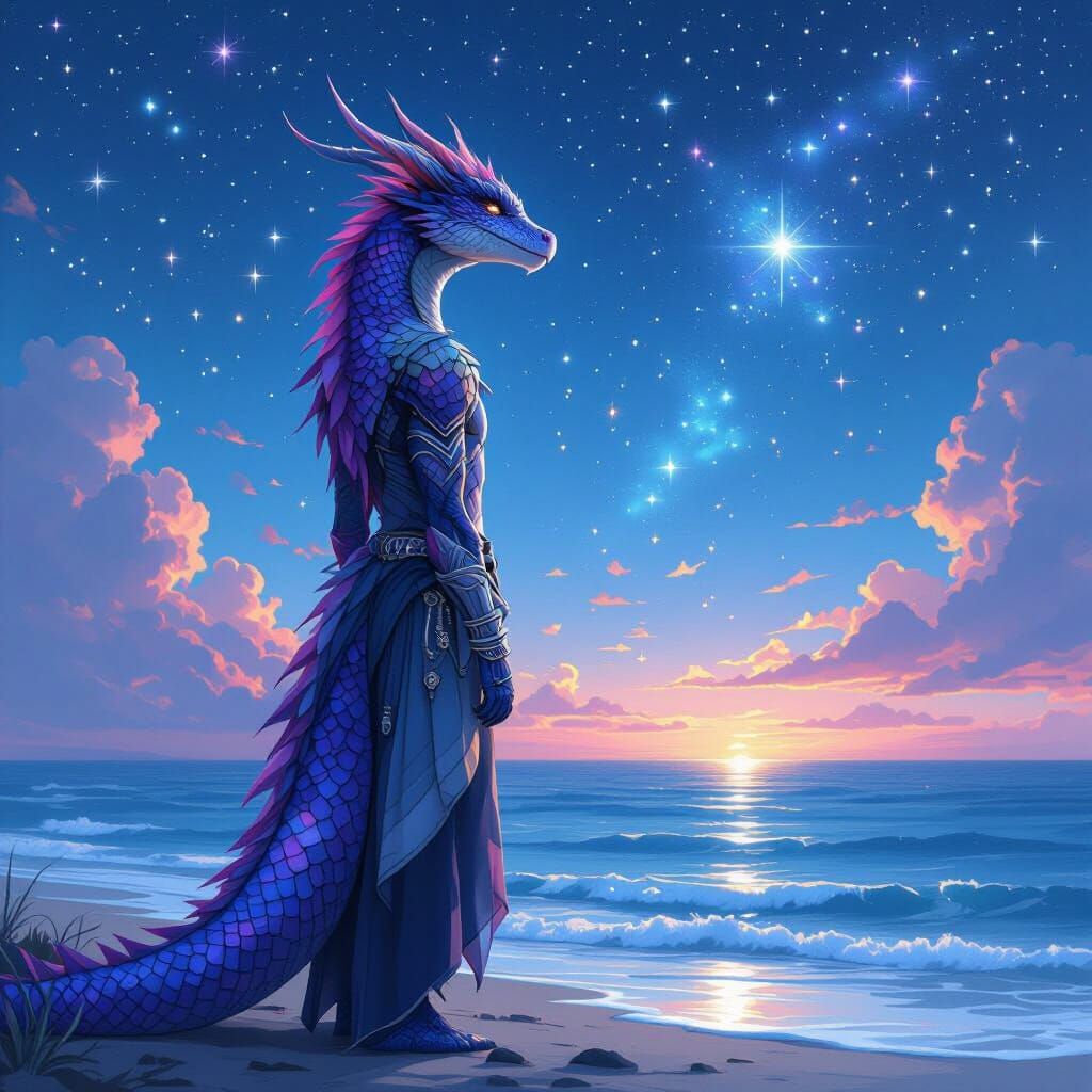 Iridescent Dragon Hybrid Gazing at Starry Night