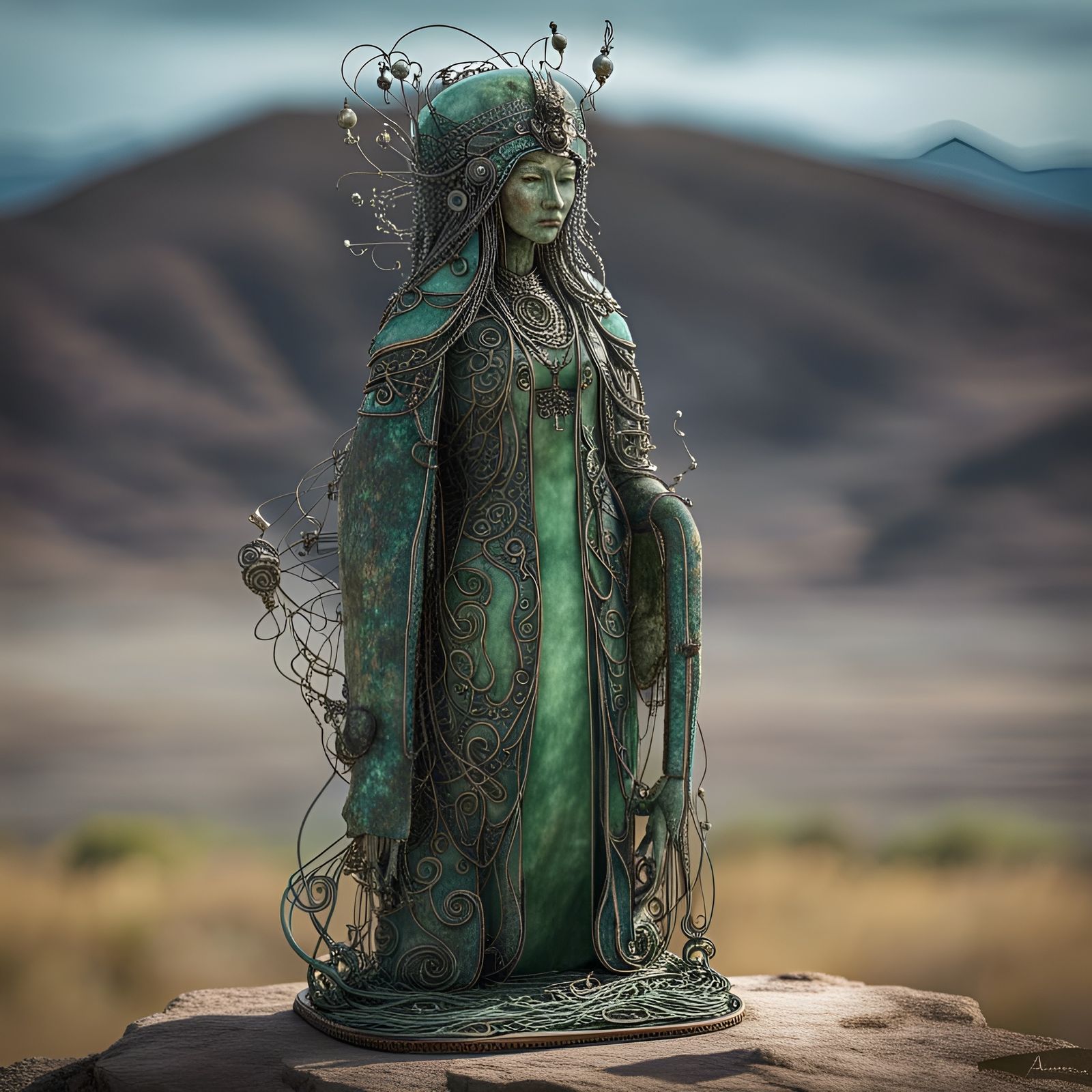 Jade Monolith Wire Sculpture on Windswept Steppe