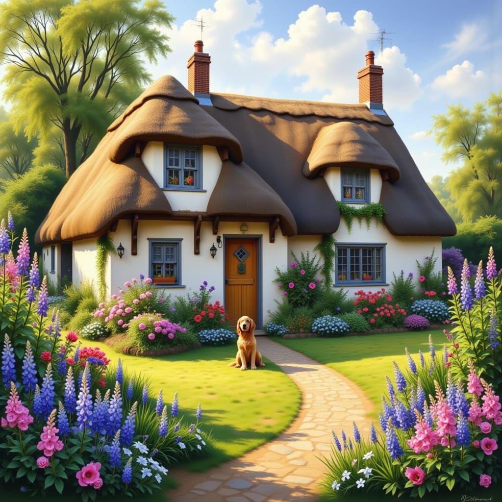 English Cottage Garden Morning Light Oil Painting