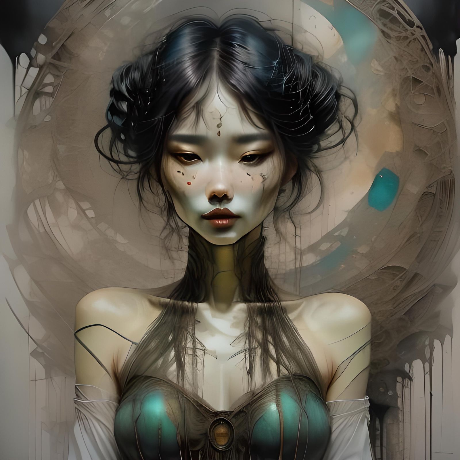 Bioluminescent Android Man with Sewn Eyes in Grungy Portrait