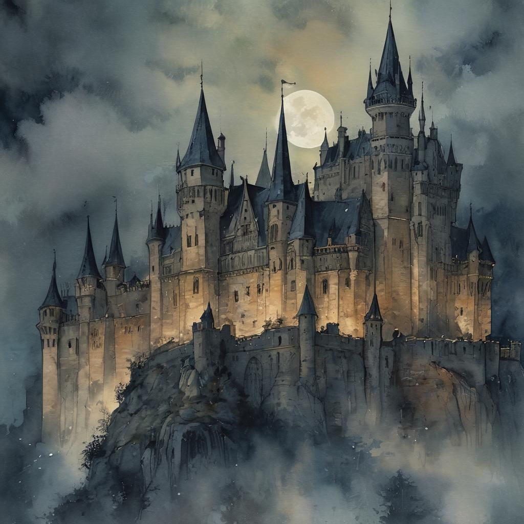Mystical Gothic Castle in Watercolor Ink Style
