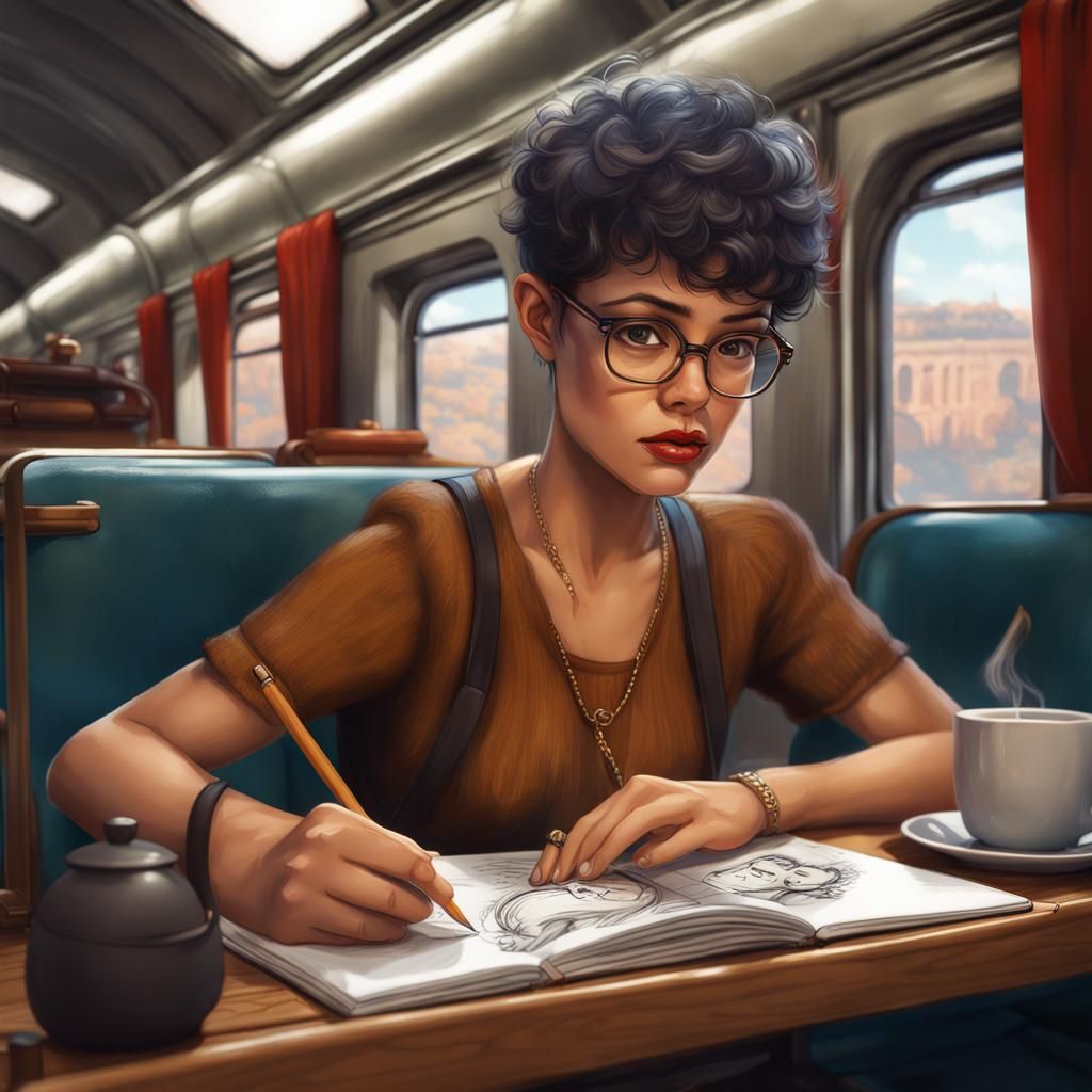 Hispanic Woman Sketching on Train in Rome, Detailed Matte Pa...