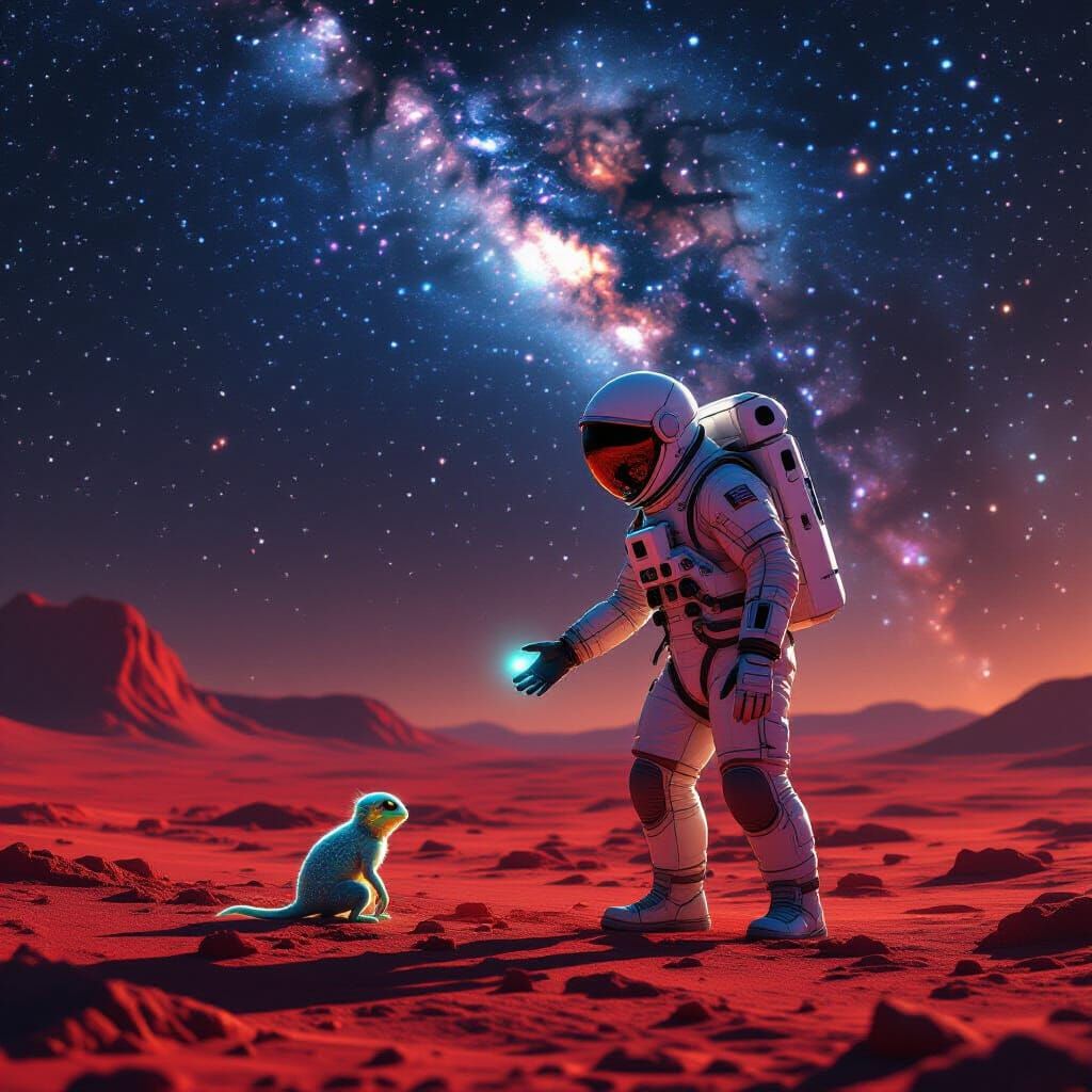 Astronaut Meets Alien Life on Crimson Planet