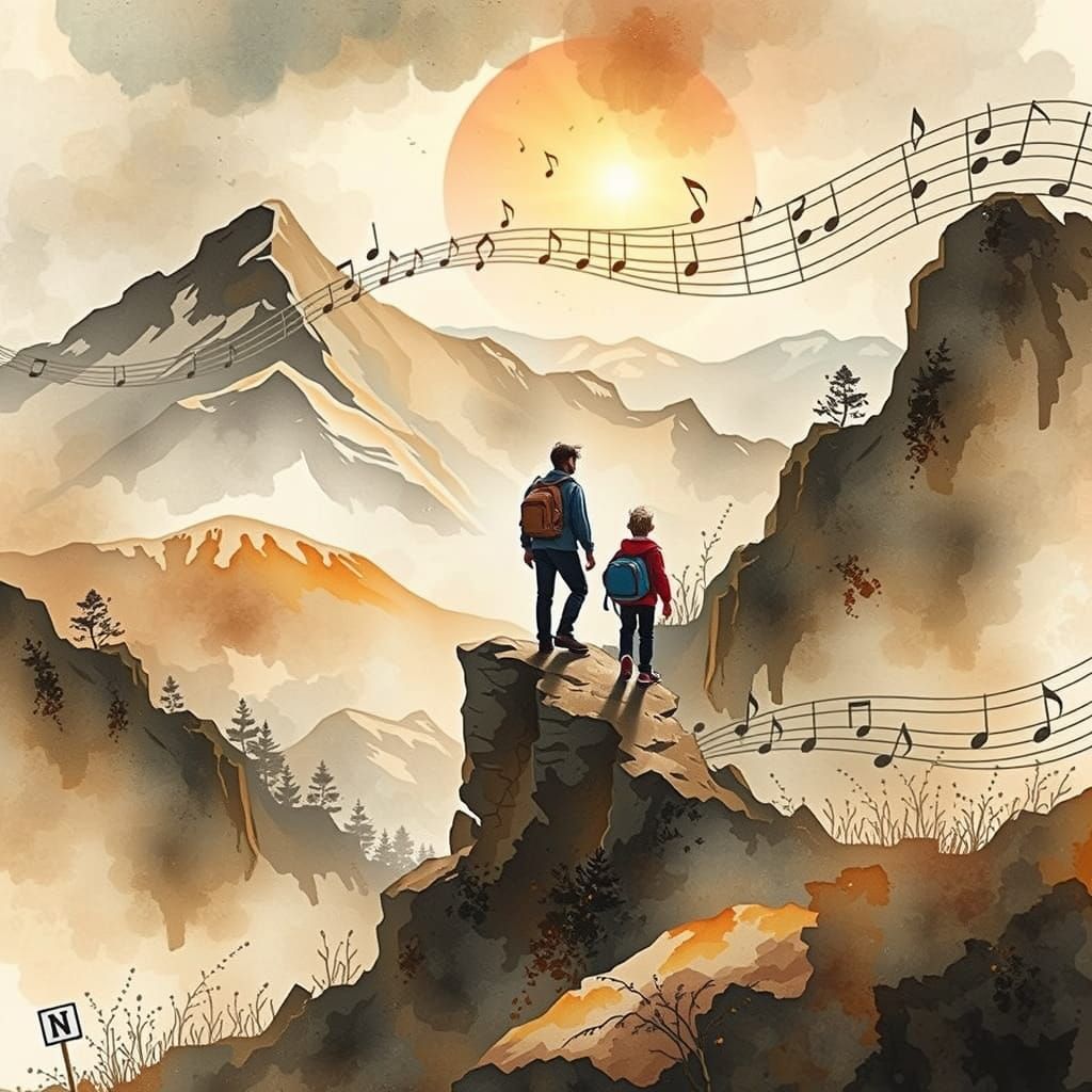 Mountain Summit: Ink Wash Watercolor in Art Nouveau Style