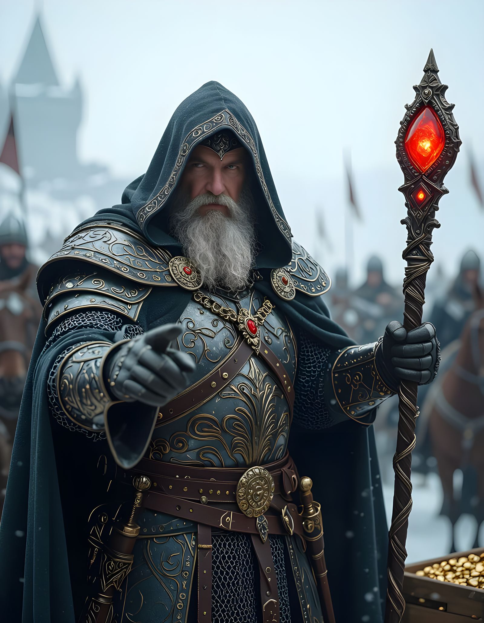 Powerful Wizard King in Medieval Armour Commanding Army