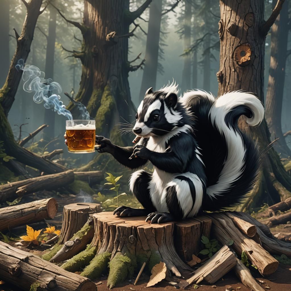Skunk Smokes Cigarette with Beer: Detailed Matte Painting