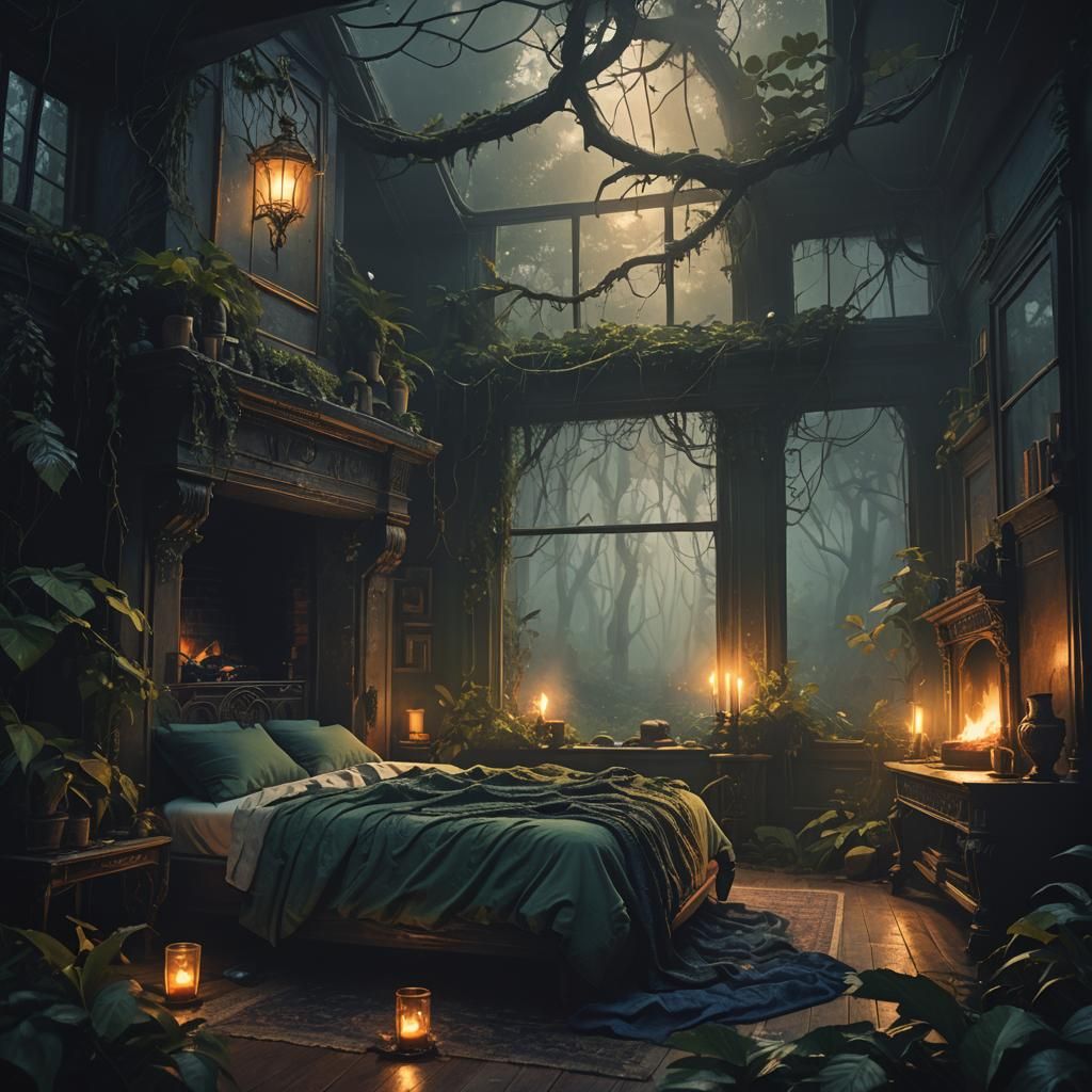 Eerie Bedroom Scene with Jungle View in Dark Fantasy Style