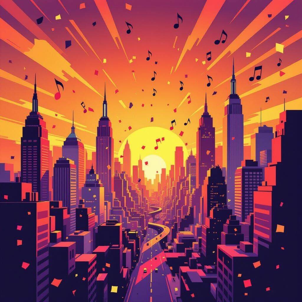 Vibrant 1950s Style Cityscape with Geometric Buildings