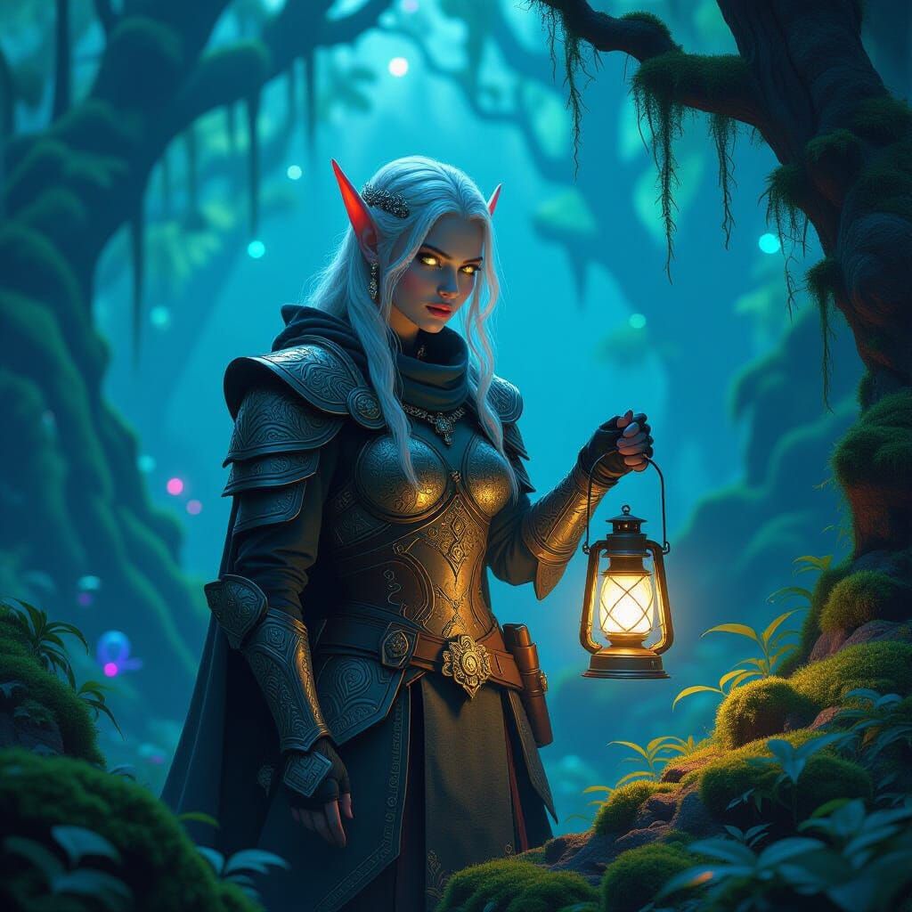 Elf Warrior in Bioluminescent Forest with Glowing Lantern
