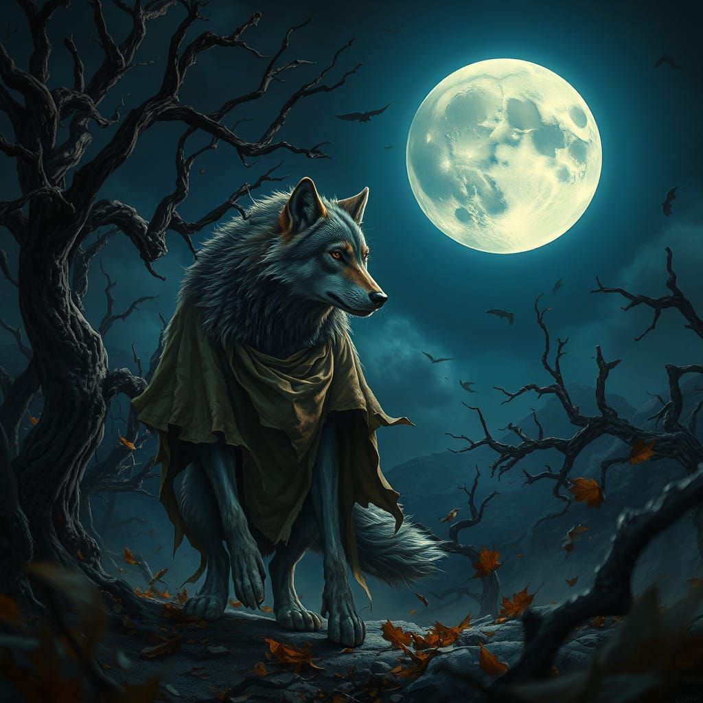 Wolf Under Glowing Moonlit Skies