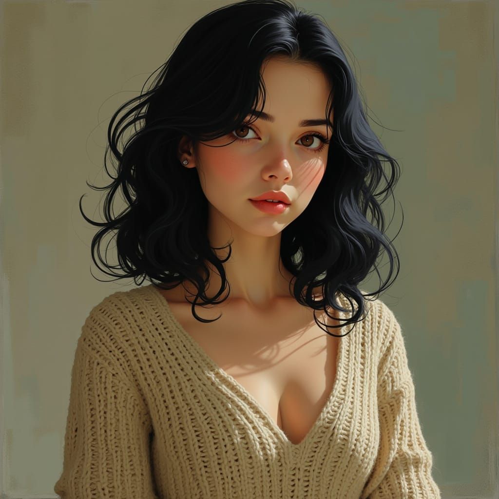 Woman in Oversized Sweater, Art Nouveau Style