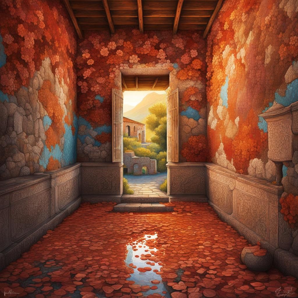 Ancient Pompeii House Interior with Mosaic Art