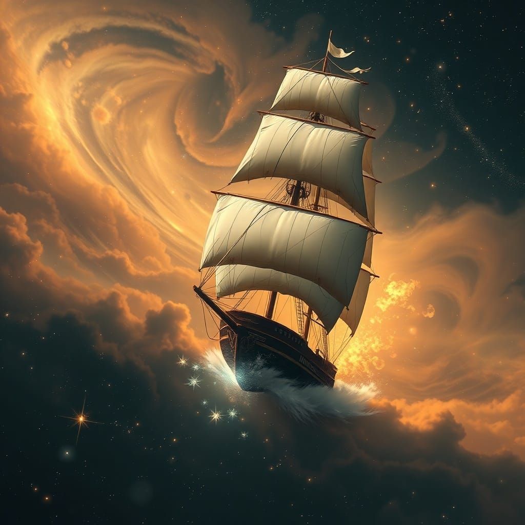 Celestial Ship Navigates Cosmic Nebula in Retro-Futurist Sty...