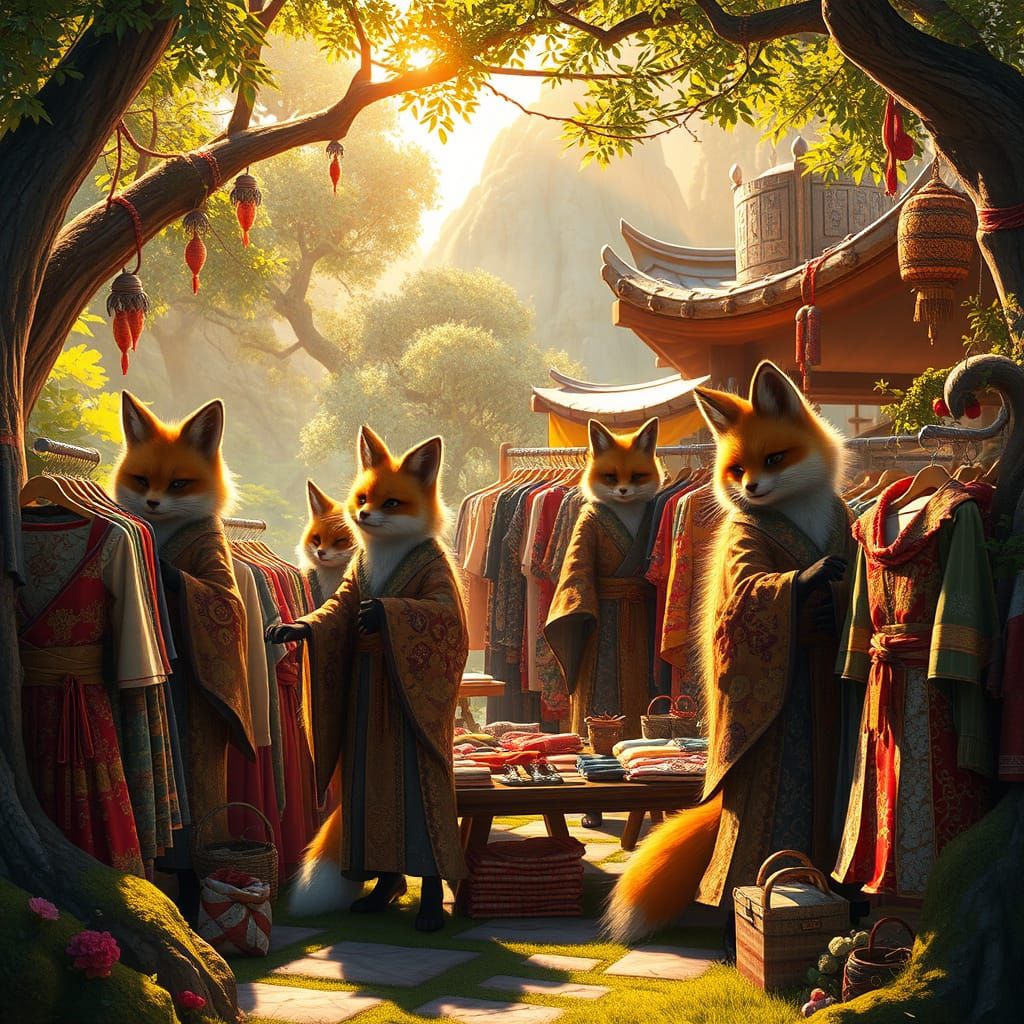 Whimsical Kitsunes Build Enchanted Fantasy Market