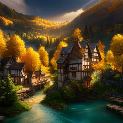 Picturesque Medieval German Village in Sunlight