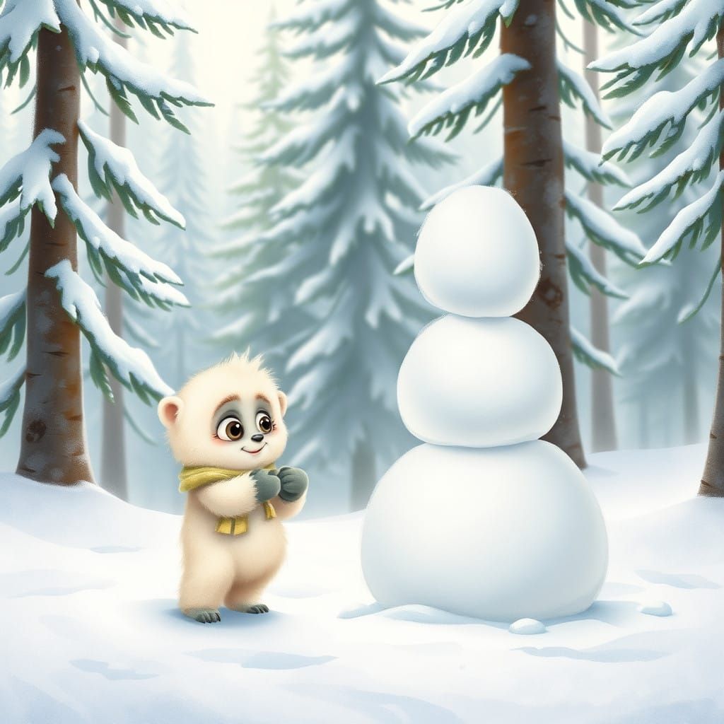 Whimsical Yeti Builds Snowman in Snowy Forest