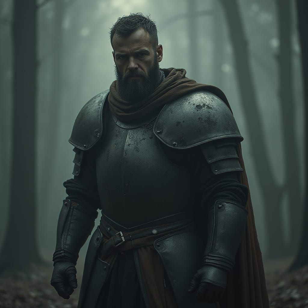 Gritty Noir Warrior Faces Enemy in Dark Battle