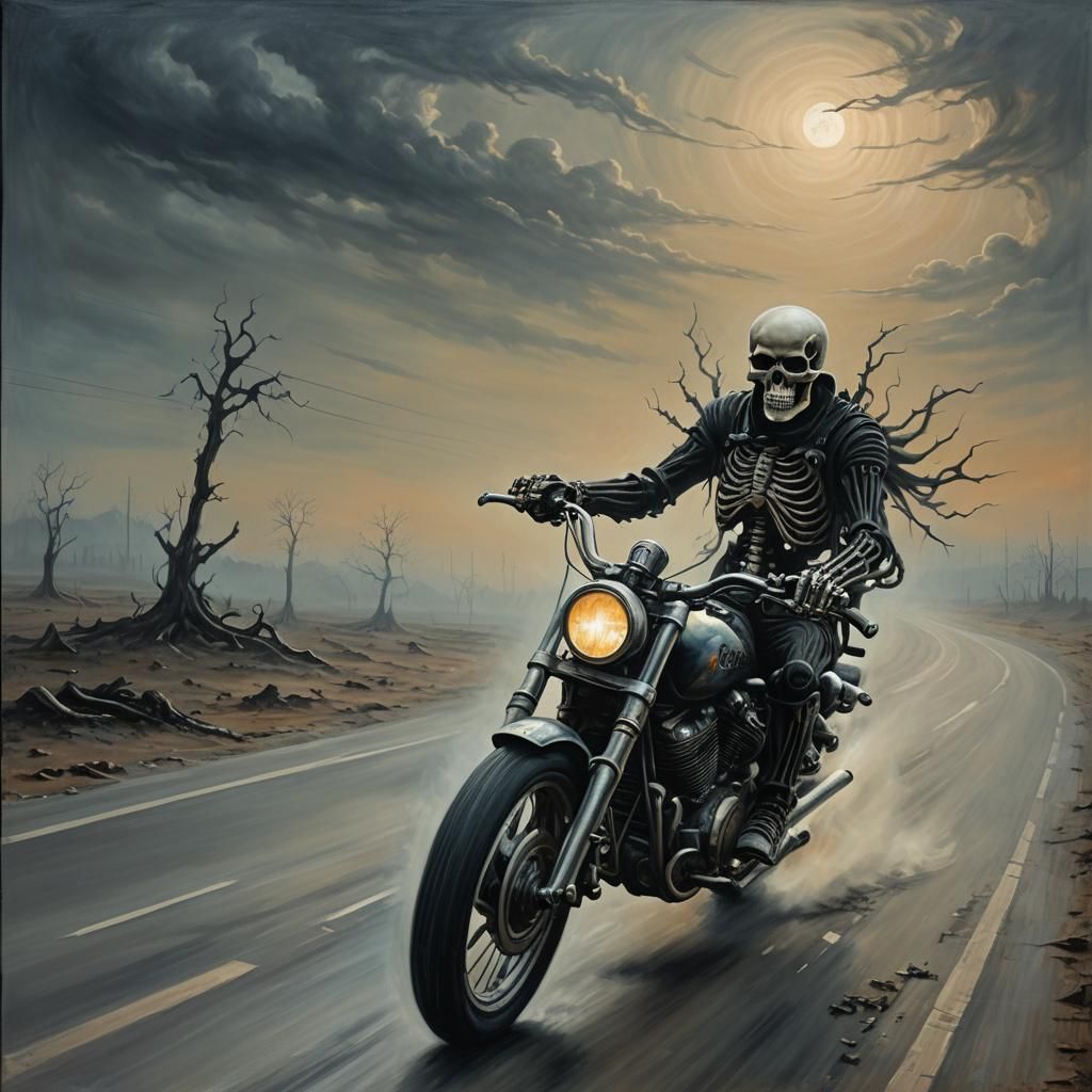 Skeleton's Motorcycle Ride in Surrealist Dreamscape