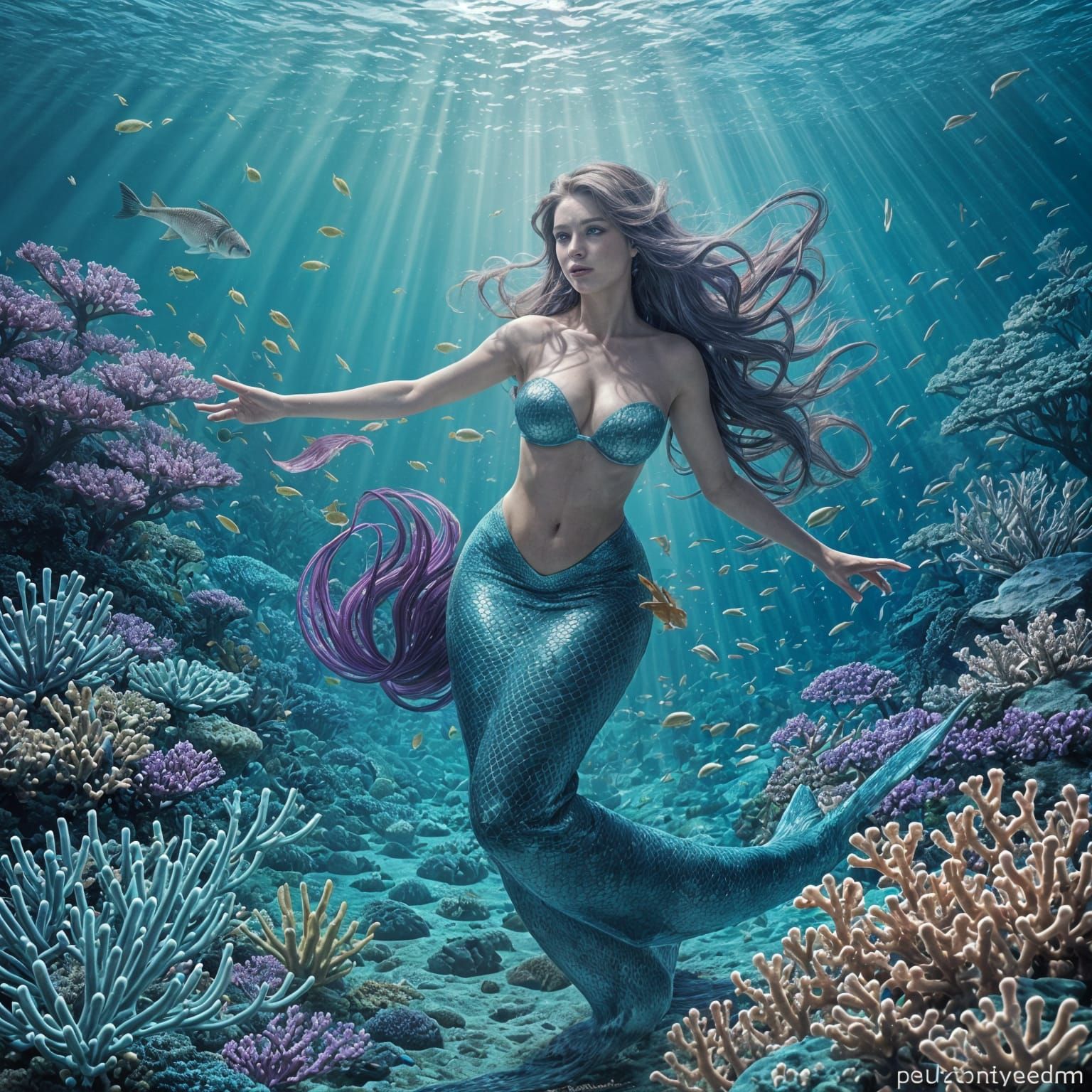 Graceful Mermaid in Coral Reef Fantasy Art