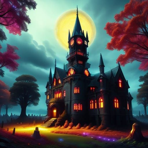 Neon Gothic Haunted House in Graveyard Dream