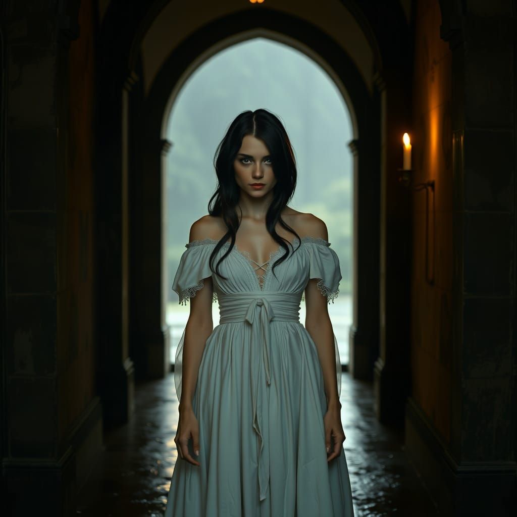 Enigmatic Girl at Castle Entrance in Cinematic Style