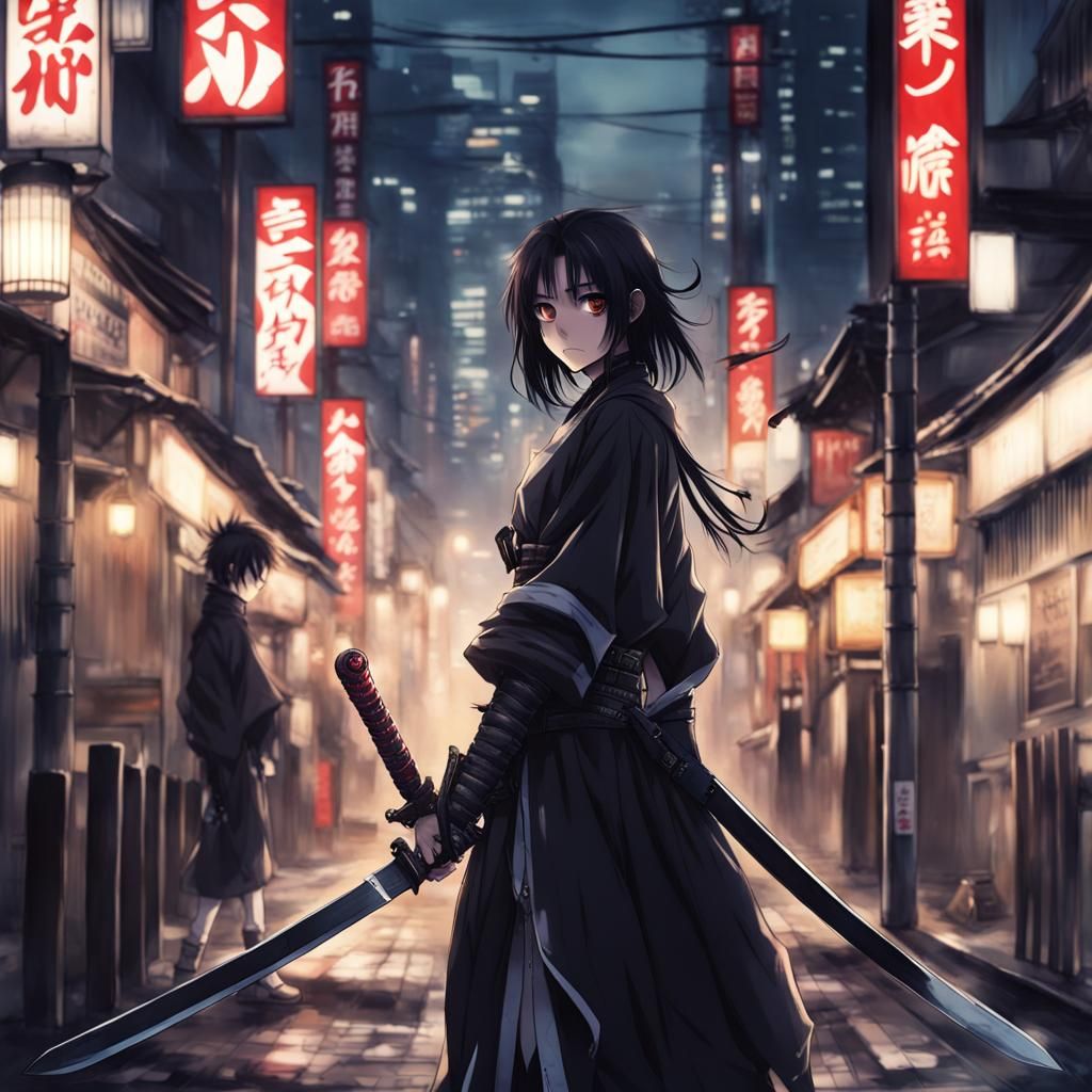Goth Samurai Swordswoman in Gaslit Tokyo: Anime Style