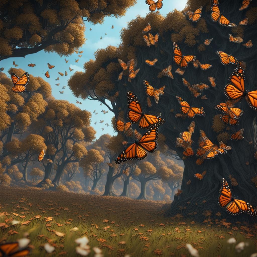 Monarch Butterflies Cover Trees in Fantasy Art