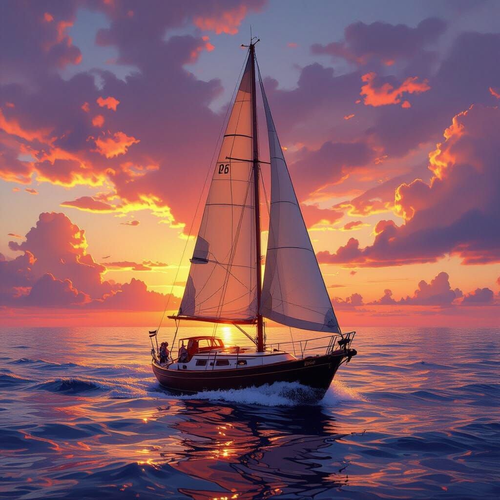 Majestic Sailboat at Sunset on Fantasy Coastline