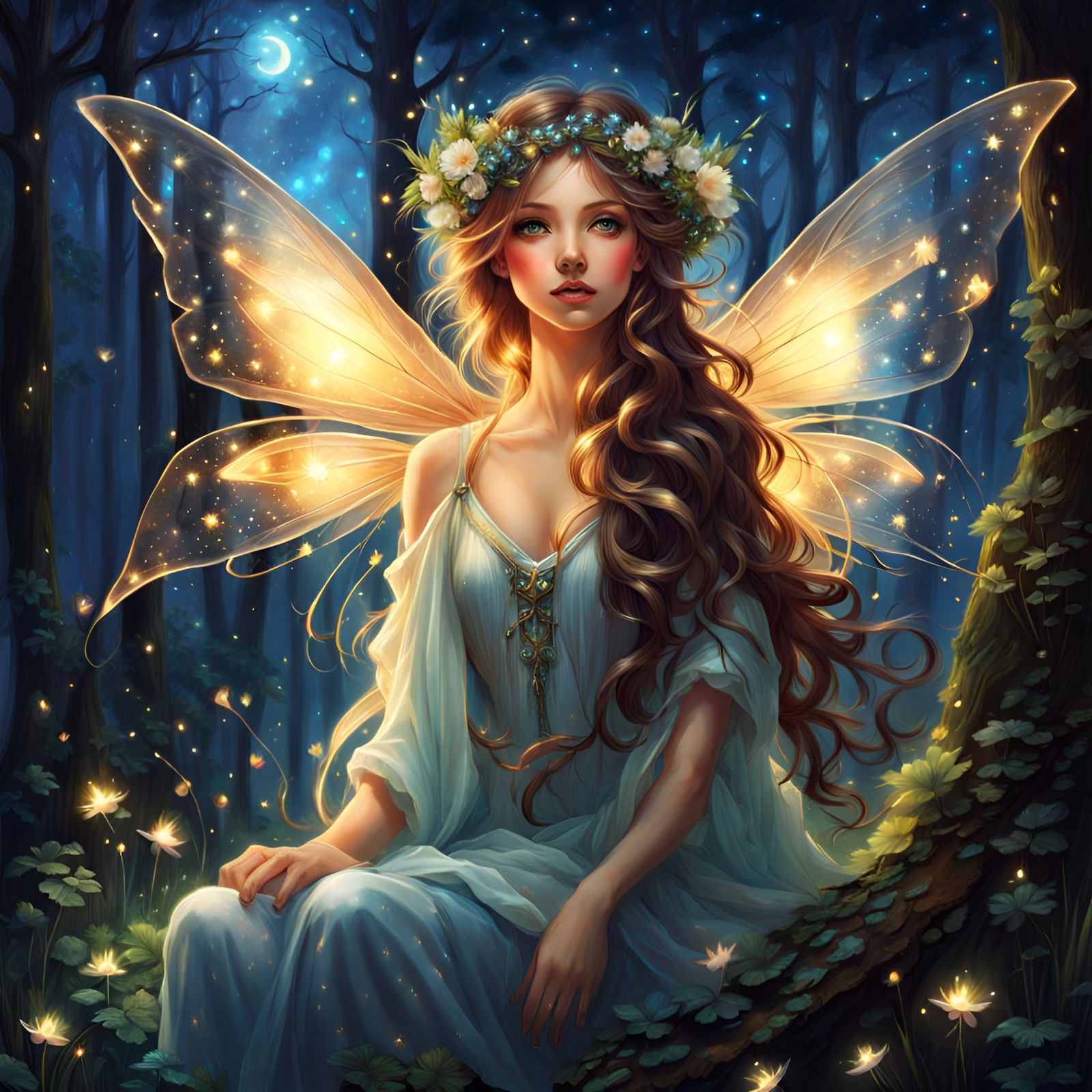 Glowing Fairy in Starry Forest: Splash Art Portrait
