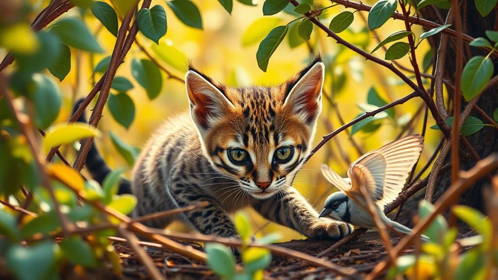 Tawny Grey African Wild Cat in Stealthy Cross-Stitch Style