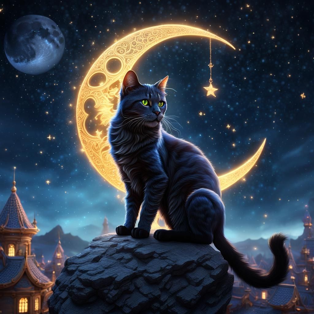 Cat Chimera Perched on Moon with Falling Stars