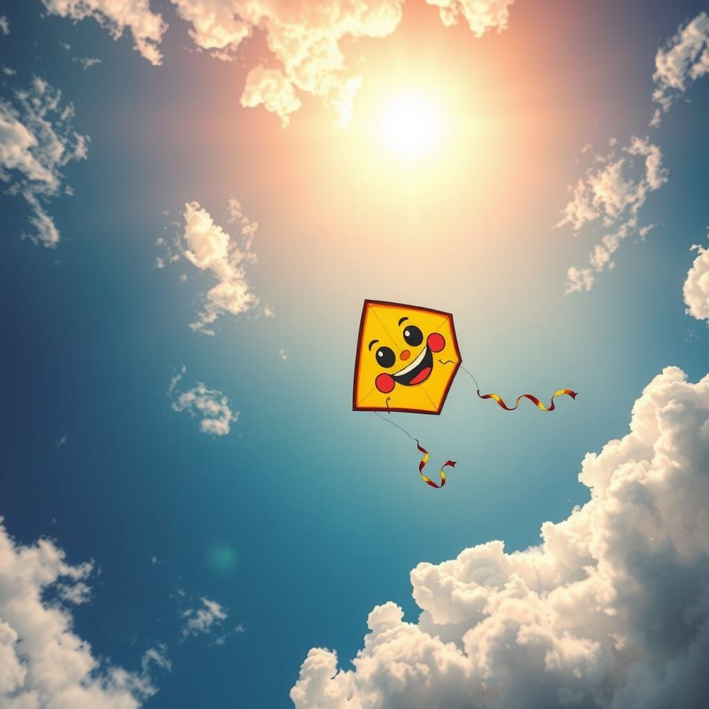 Cartoon Face Kite Soaring in Kaleidoscopic Sky