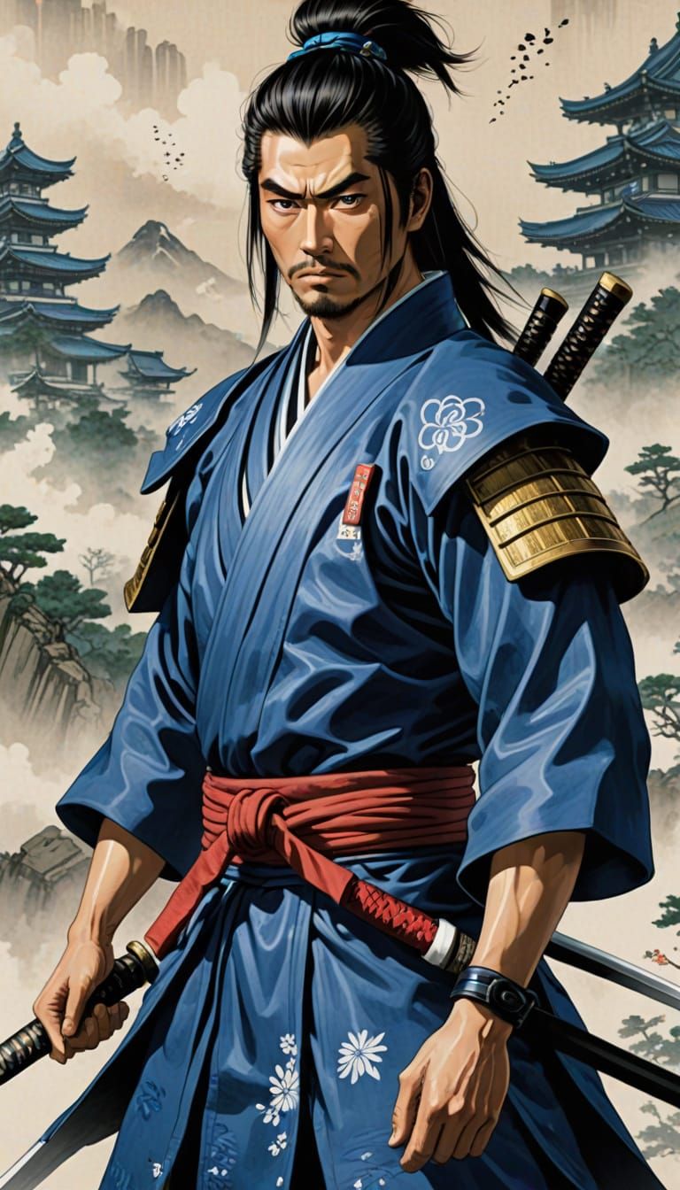 A Samurai in Majestic Blue Armor