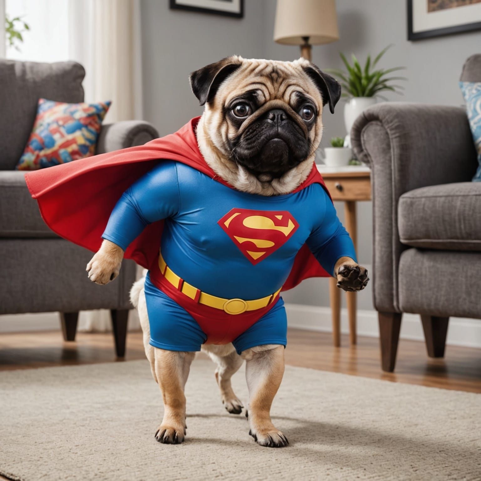 Chubby Pug in Superman Costume Runs into Fan