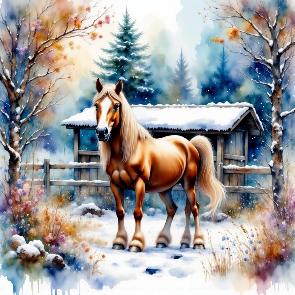 Horse Stable in Gentle Snowfall: Watercolor Painting