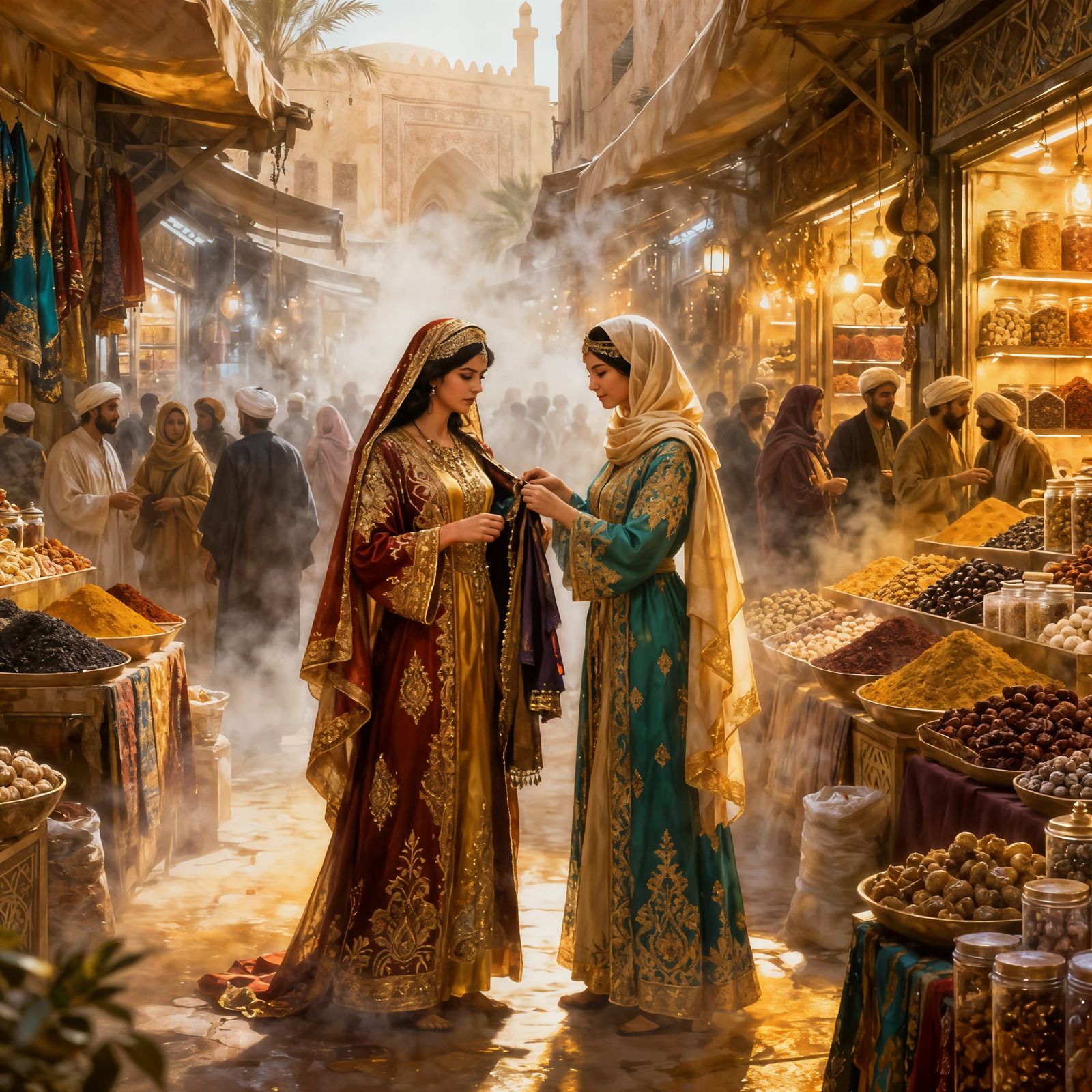 Women Try Arabian Clothing in Ethereal Fantasy Bazaar