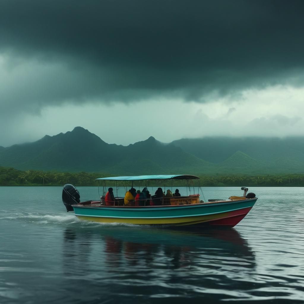 Caribbean Boat on Serene Lake: Cinematic Film Still