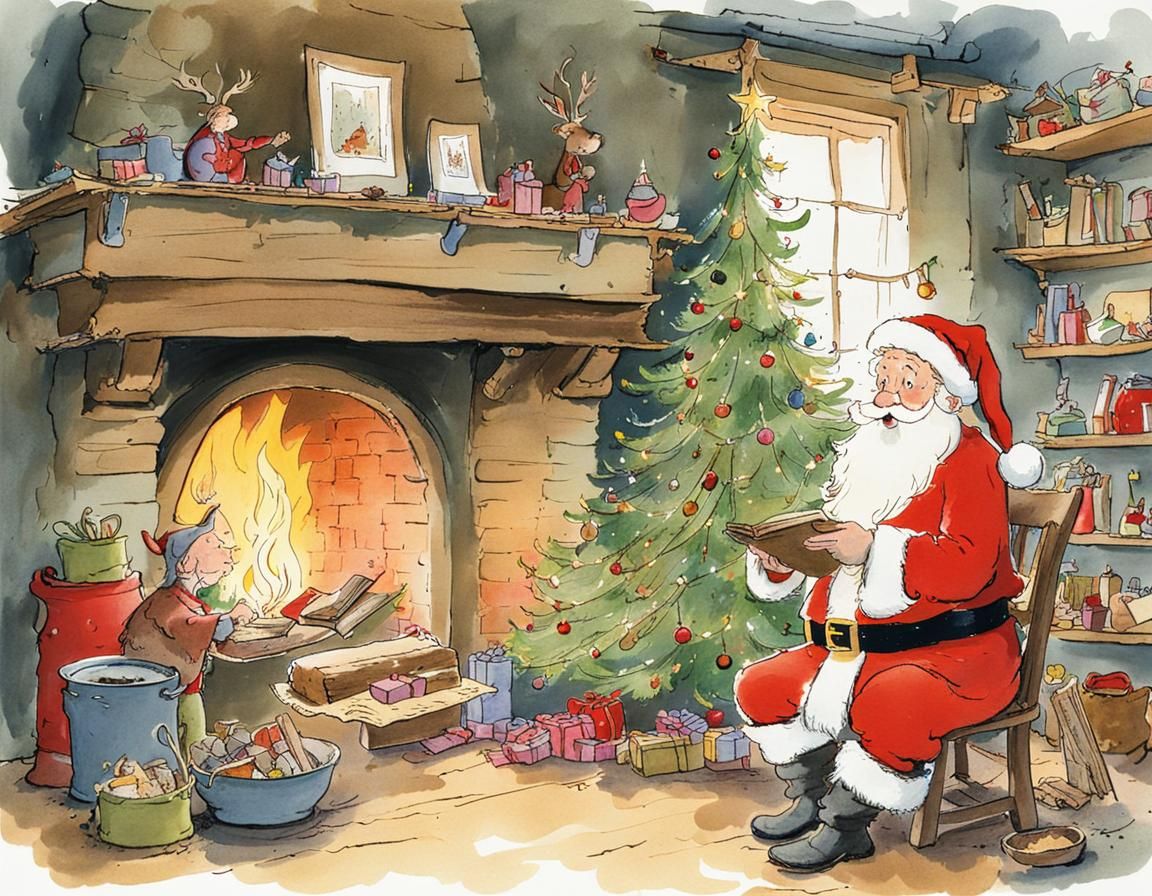 Santa's Workshop Scene in Illustrative Style