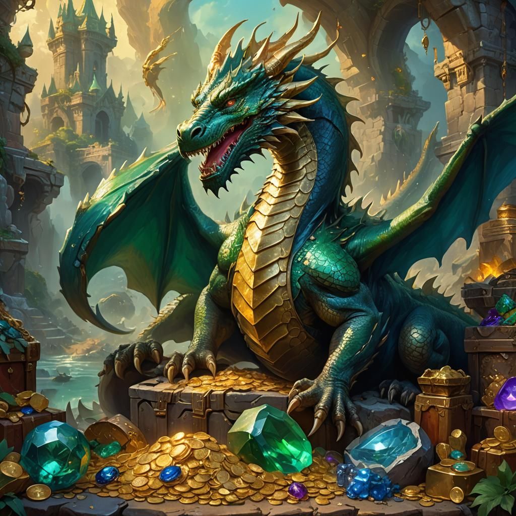 Giant Dragon and Treasure Hoard in Oil Painting Style