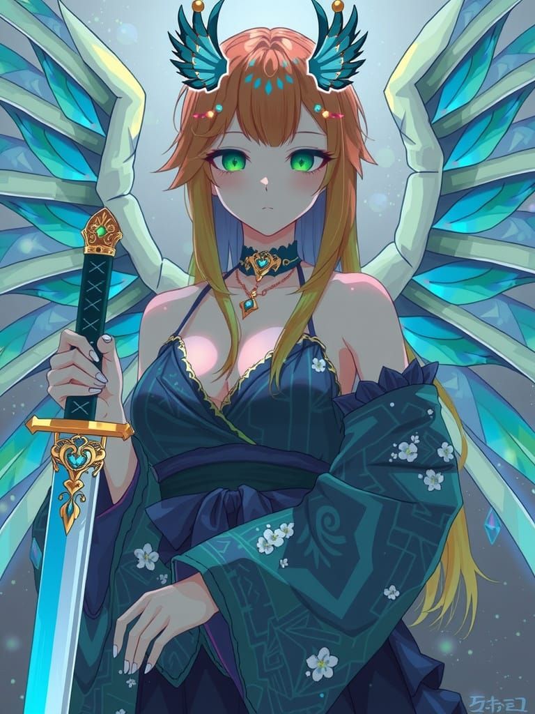 Anime Goddess with Majestic Dragon Wings and Ocean Blue Kimo...