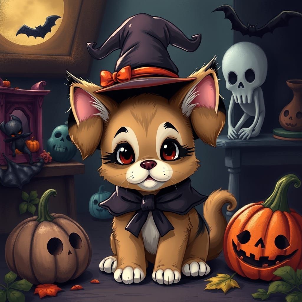 Whimsical Witch Hybrid Pet Amidst Spooky Halloween Decor