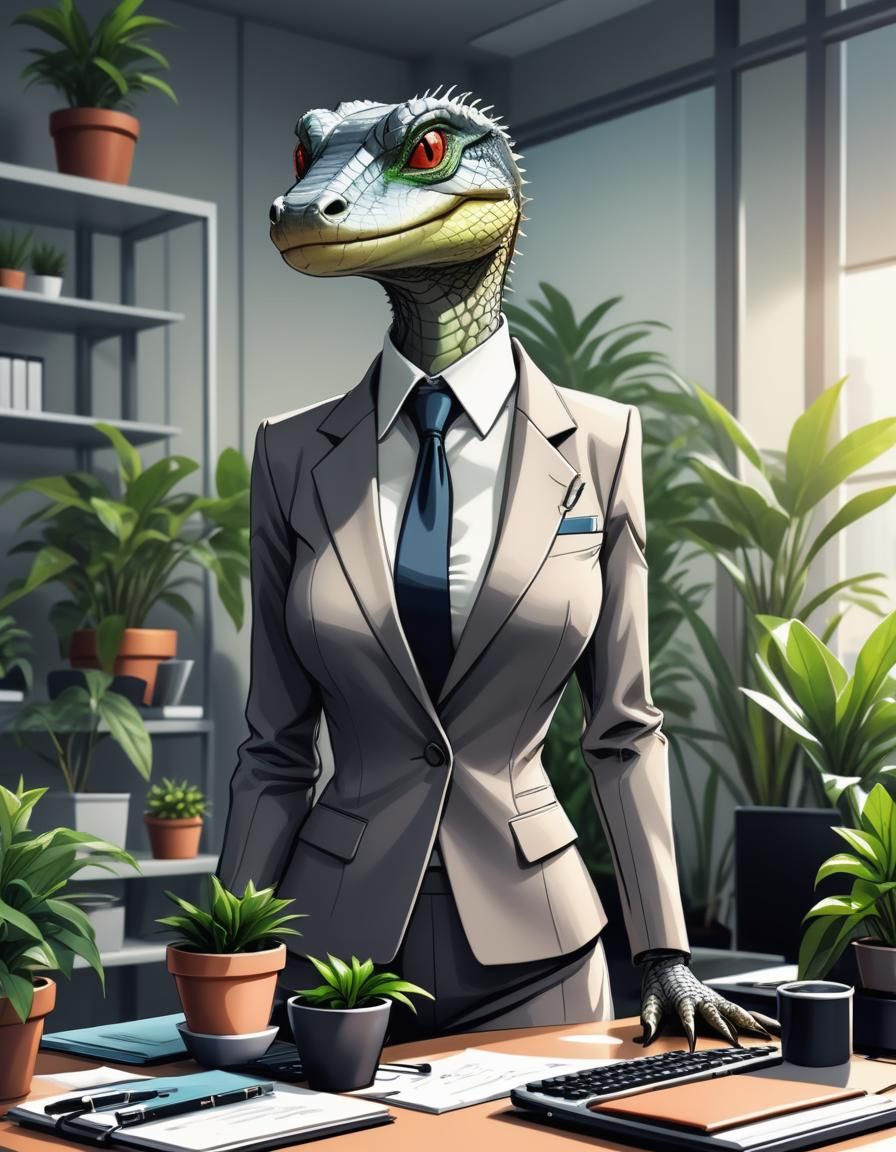 Anime Monitor Lizard Office Lady in Futuristic Office