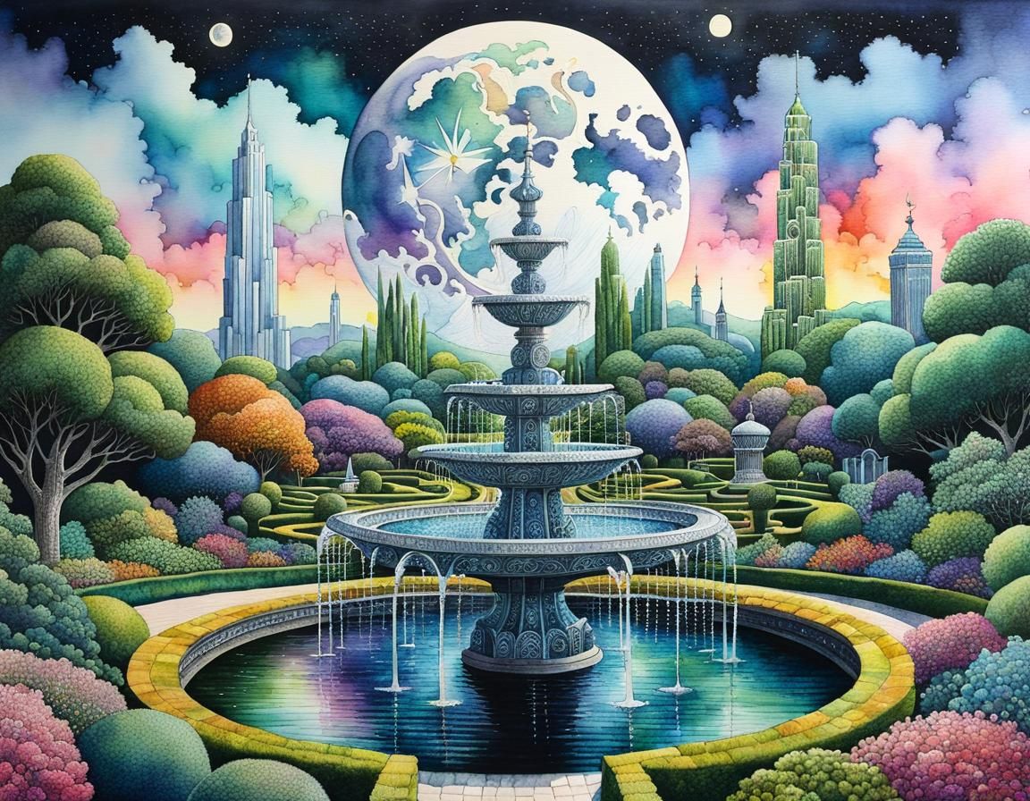Elaborate Garden with Fountains in Mixed Media