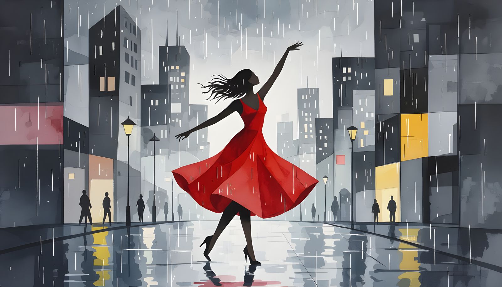 Woman in Red Dress Dancing in Dystopian City Rain