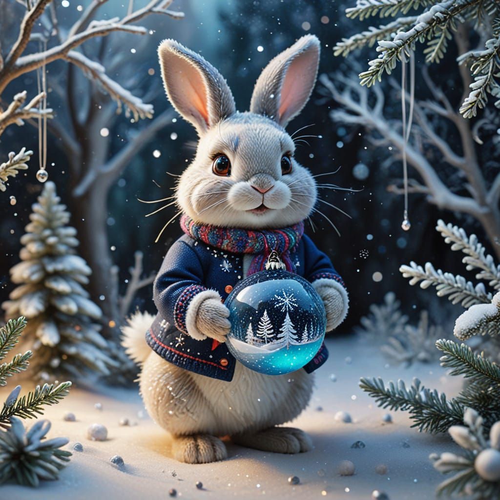 Whimsical Winter Wonderland with Cute Bunny and Christmas Li...
